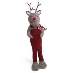 En Gry & Sif Christmas Figurine - Reindeer With Red Overalls (Grey) - Extra Large| Felt Figurines