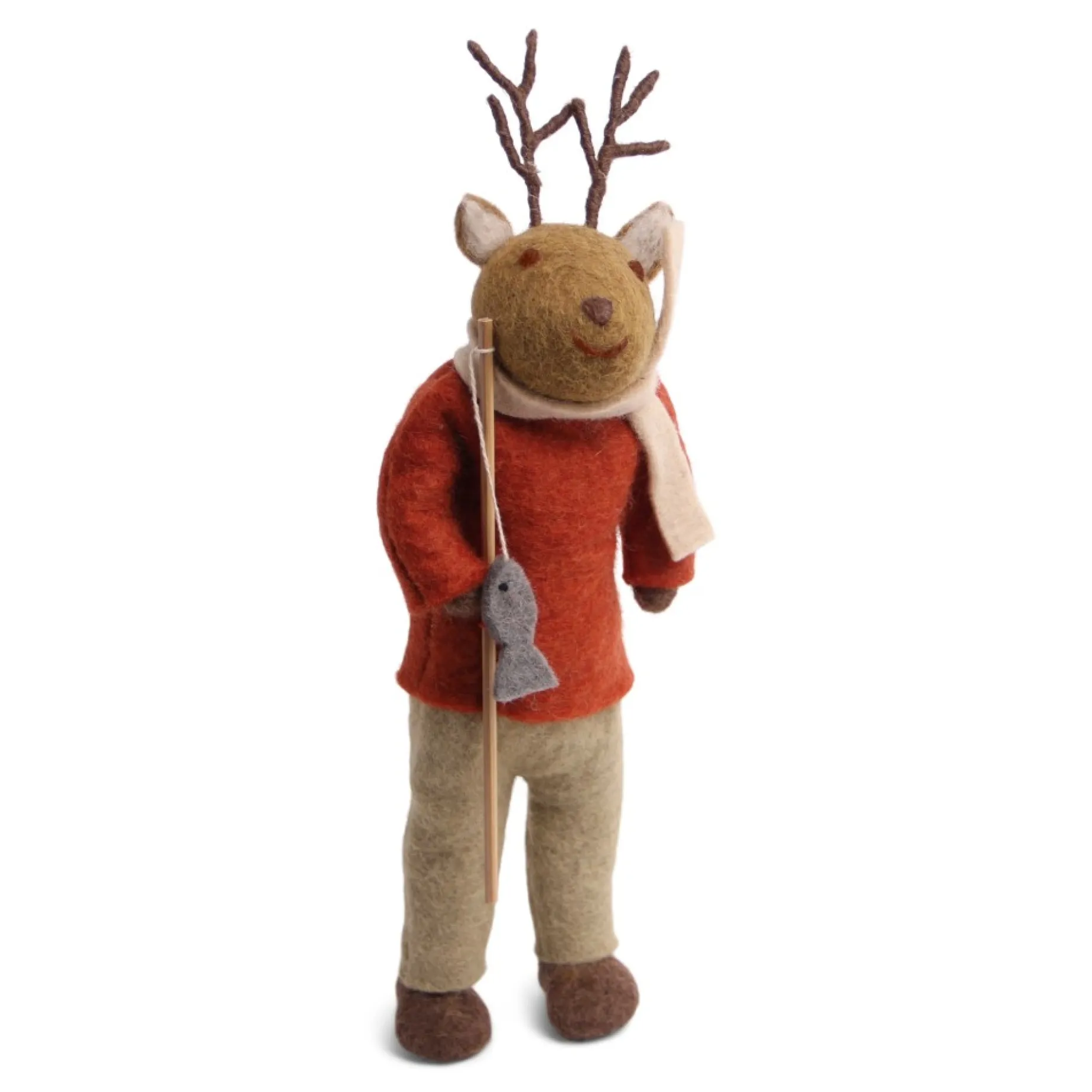En Gry & Sif Christmas Figurine - Reindeer With Fishing Pole (Brown) - Large| Felt Figurines