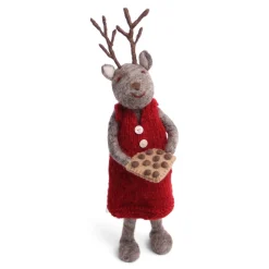 En Gry & Sif Christmas Figurine - Reindeer Baking Cookies (Grey) - Large| Felt Figurines