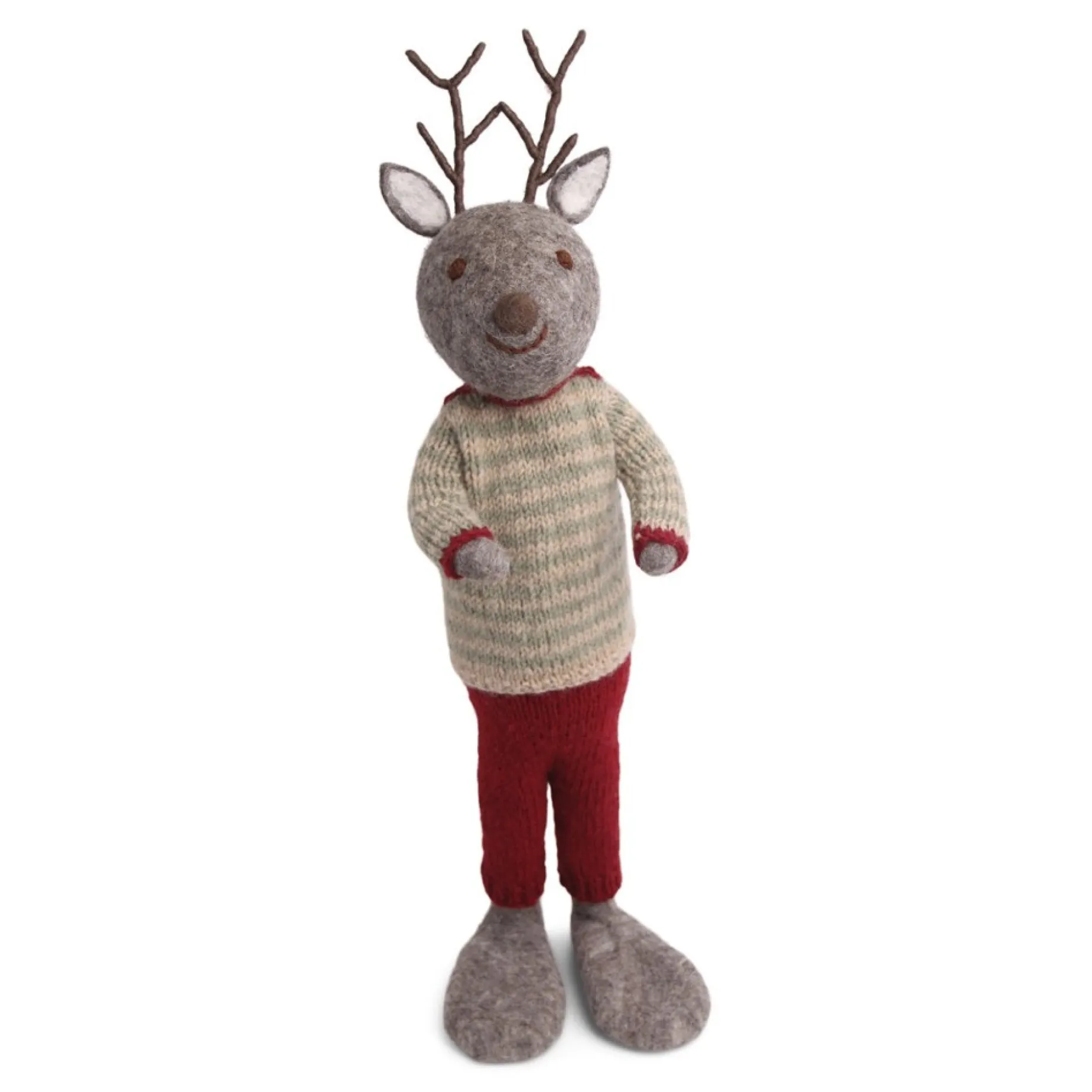 En Gry & Sif Christmas Figurine - Reindeer With Stripy Sweater (Grey) - Extra Large| Felt Figurines