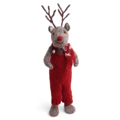 En Gry & Sif Christmas Figurine - Reindeer In Red Overalls (Grey) - Large| Felt Figurines