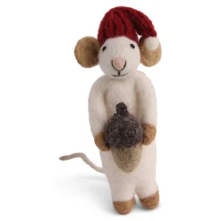En Gry & Sif Christmas Figurine - Winter Mouse (Medium) With Acorn (White)| Felt Figurines