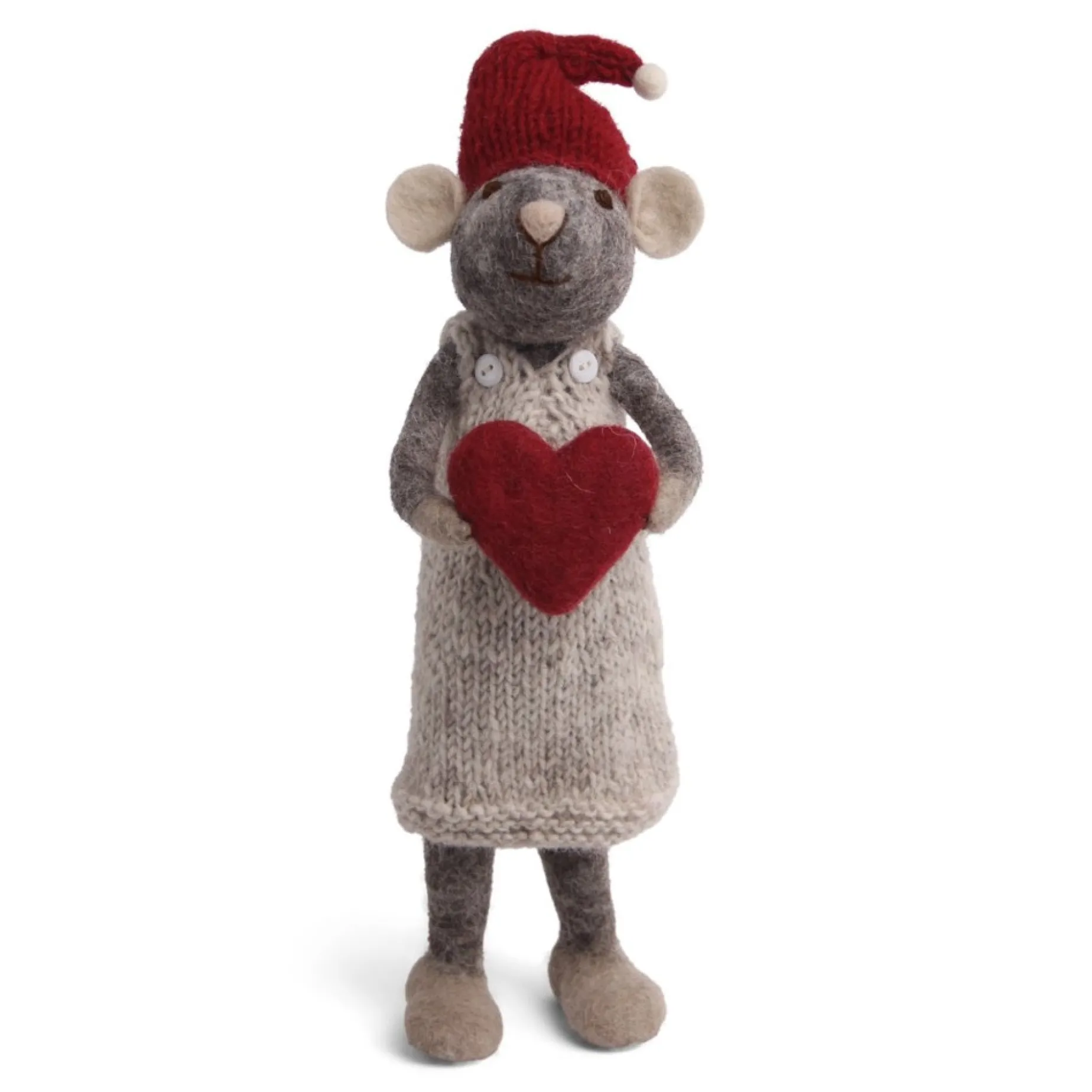 En Gry & Sif Christmas Figurine - Winter Mouse Girl (Large) With Heart (Grey)| Felt Figurines