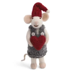 En Gry & Sif Christmas Figurine - Winter Mouse Girl (Small) With Heart (White)| Felt Figurines