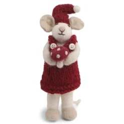 En Gry & Sif Christmas Figurine - Winter Mouse Girl (Small) With Mushroom (White)| Felt Figurines