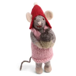 En Gry & Sif Christmas Figurine - Winter Mouse Girl (Small) With Acorn (Grey)| Felt Figurines
