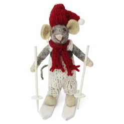 En Gry & Sif Christmas Figurine - Winter Mouse Boy (Small) On Ski'S (Grey)| Felt Figurines