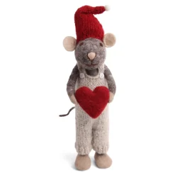En Gry & Sif Christmas Figurine - Winter Mouse Boy (Large) With Heart (Grey)| Felt Figurines