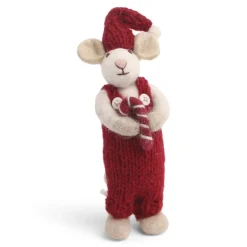 En Gry & Sif Christmas Figurine - Winter Mouse Boy (Small) With Candy Cane (White)| Felt Figurines