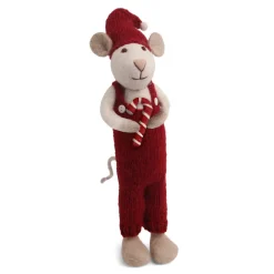 En Gry & Sif Christmas Figurine - Winter Mouse With Candy Cane (White) - Large| Felt Figurines