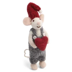 En Gry & Sif Christmas Figurine - Winter Mouse Boy (Small) With Heart (White)| Felt Figurines