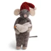 En Gry & Sif Christmas Figurine - Winter Mouse (Medium) With Bird (Grey)| Felt Figurines