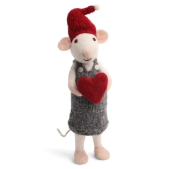 En Gry & Sif Christmas Figurine - Winter Mouse With Heart (White) - Large| Felt Figurines
