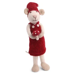 En Gry & Sif Christmas Figurine - Winter Mouse With Mushroom (White) - Large| Felt Figurines