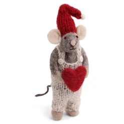 En Gry & Sif Christmas Figurine - Winter Mouse Boy (Small) With Heart (Grey)| Felt Figurines
