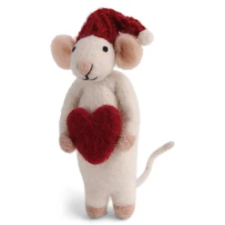 En Gry & Sif Christmas Figurine - Winter Mouse (Medium) With Heart (White)| Felt Figurines