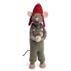 En Gry & Sif Christmas Figurine - Winter Mouse With Snowman (Grey) - Large| Felt Figurines