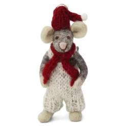 En Gry & Sif Christmas Figurine - Winter Mouse Boy (Small) With Red Hat And Scarf (Grey)| Felt Figurines