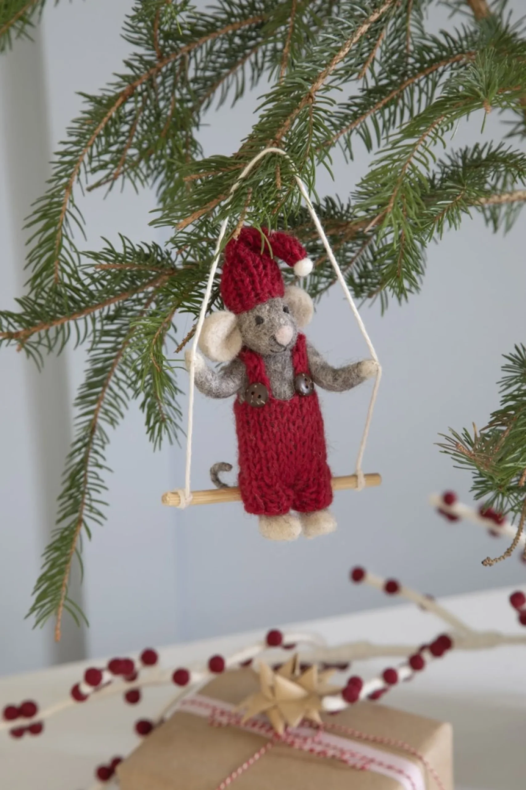 En Gry & Sif Felt Christmas Tree Decoration - Christmas Mouse On Swing| All Tree Decorations