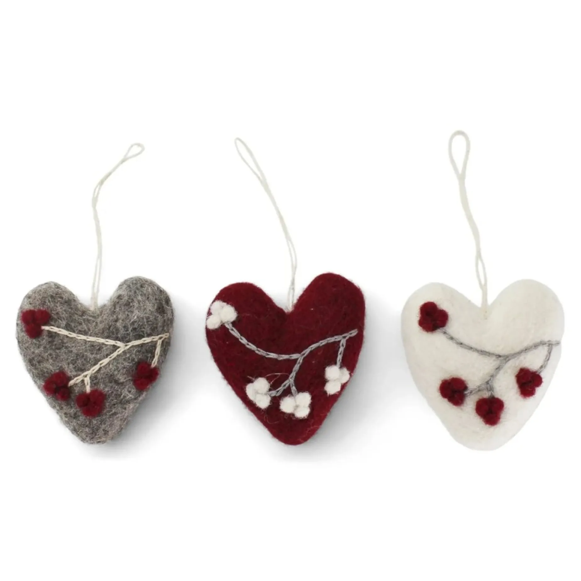 En Gry & Sif Felt Christmas Tree Decoration - Hearts With Winter Berries (Set Of 3)| All Tree Decorations